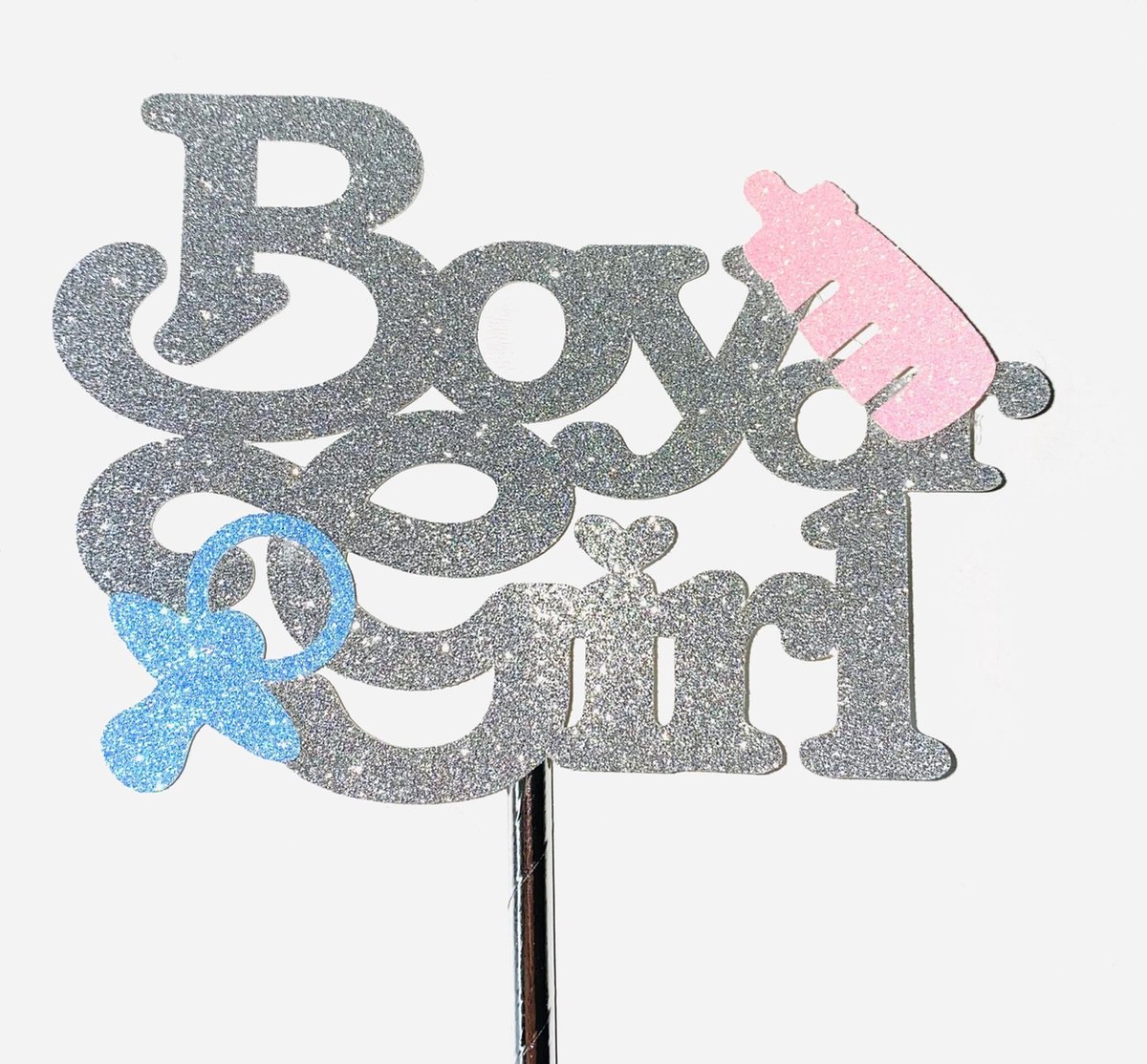 Taarttopper| Cake topper |Baby| Boy or Girl| Zilver glitter|14 cm| karton